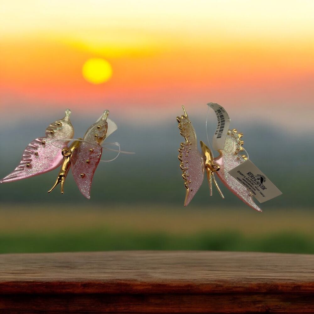 Set of‎ 2 KURT ADLER 2.5" Colorful BUTTERFLY w/ GOLD GLITTER CHRISTMAS ORNAMENTS